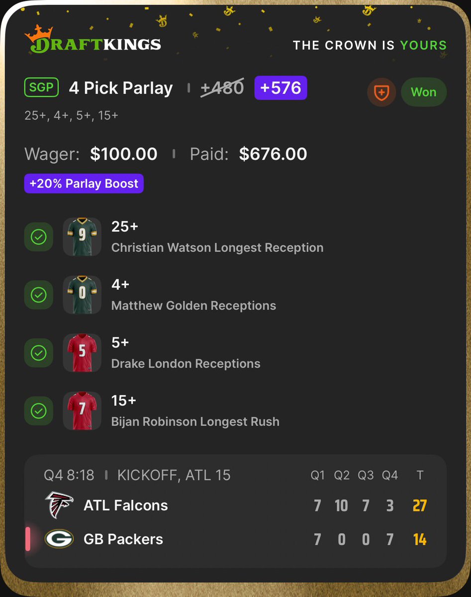 FFGJiggy's tweet photo. BANGG ✅✅ TNF CASH 💰💰 #NFLpicks #FREEPICKS #Parlay https://t.co/fXsSy0lJuR