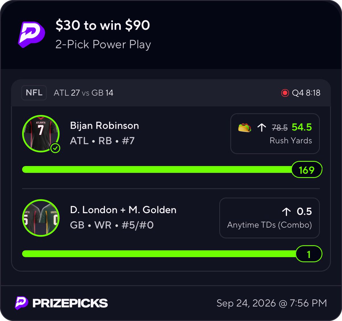 OracleLines's tweet photo. BIJAN SAID ENOUGH 😭🌮

169 rushing yards + the London/Golden TD combo cashes the 2-man.

💰 $30 → $90
🧹 CLEAN SWEEP
✅ NEVER A SWEAT

#PrizePicks #NFLPicks #SportsBetting #NFLTwitter #GamblingTwitter https://t.co/Vu3MzKzWIQ