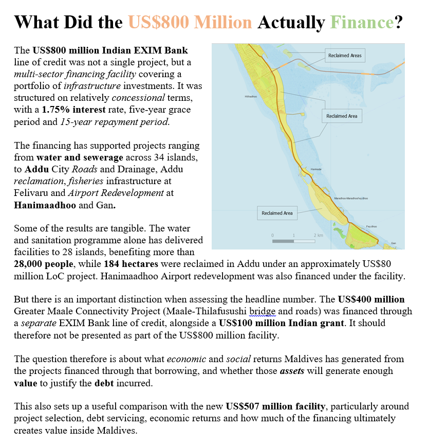 _mohamedimad's tweet photo. The US$800 million Indian credit line financed a broad portfolio of #Infrastructure, but the real measure of its value is not the amount borrowed, but the #Assets created, benefits delivered and returns generated.
#India #DevelopmentFinance #Debt #FiscalPolicy
#VisitMaldives https://t.co/1V5uAGhyrG