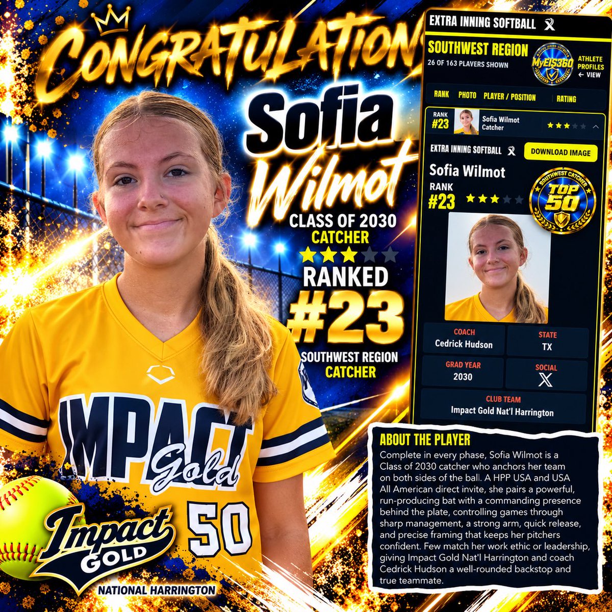 IGNational14s's tweet photo. Shoutout &amp; Congratulations to our 2030, #50 @sofia_wilmot for being recognized by @ExtraInningSB as the #23 Catcher | Southwest Region! Your IG Family is proud of you!! Keep working hard! 💪🏼💙💛 @jazzvesely https://t.co/HndMVHsZ8E