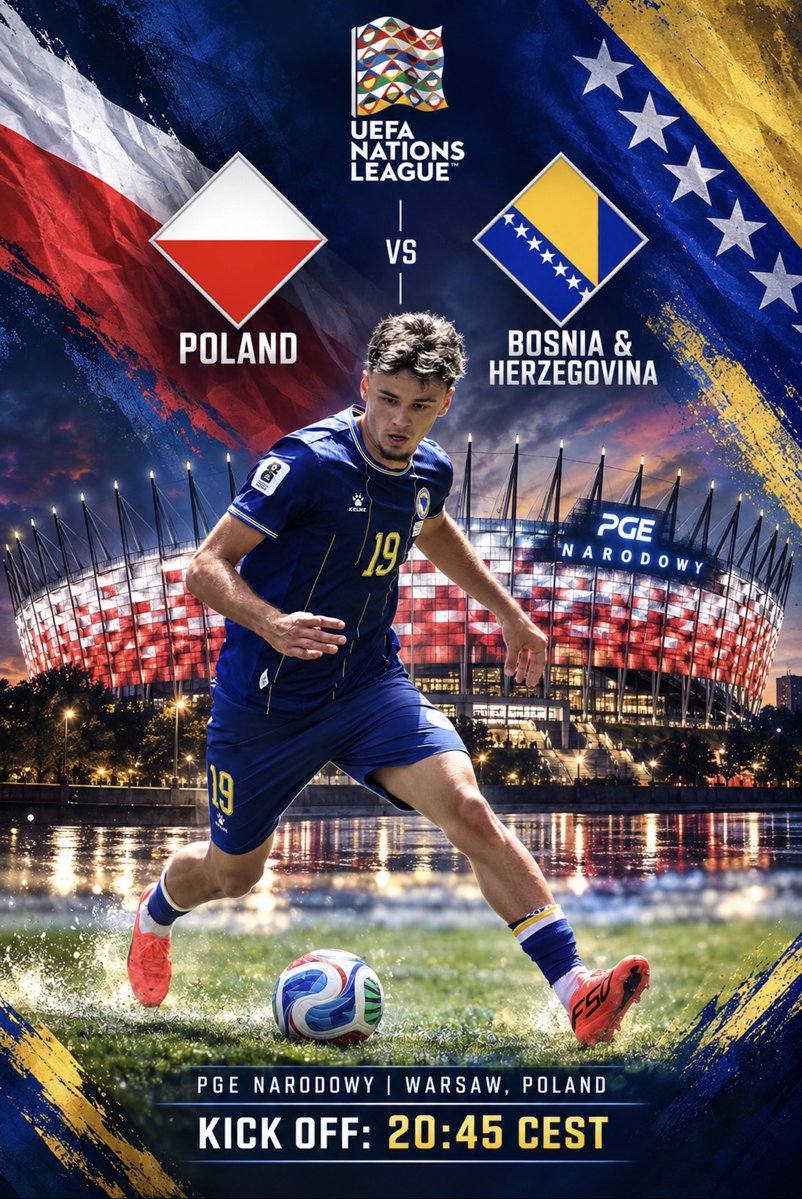 BosniaNTBall's tweet photo. 🚨MATCHDAY: Bosnia-Herzegovina face Poland in Warsaw in the first game of this year’s edition of UEFA Nations League B. Sretno Zmajevi! #POLBIH #bosniaandherzegovina #Zmajevi 🇵🇱🇧🇦 https://t.co/CggzBGs8M8