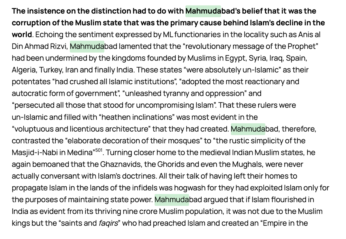 samyak128's tweet photo. Raja of Mahmudabad was a distant relative of Jinnah's. His family were Princely States in the Lucknow/Sitapur area. During the Partition movement, he became one of the biggest supporters of the idea of Pakistan. He was one of the biggest funders and supporters of the UP Muslim League. After Partition was approved by the British, the Raja became "confused" about whether he even wanted to go to his own creation. Among others, Nehru tried to stop the Raja from going to Pak and begged him to stay in India. For what reason, I don't know. Later the Raja goes to Pakistan, then Iran, and the the UK, and dies. But in 1957, his son is allowed back to India. Once he returns, the son files a case to get back his property, which had been decreed "Enemy Property". He even wins his case in the SC, and Arun Jaitley as Law Minister in 2017 has to pass a law undoing this family getting back their property. This son of Mahmadubad marries the daughter of a Hindu IFS officer. Their son, Ali Khan Mahmudabad is currently the head of the political science department at Ashoka Univeristy. Moral of the story: India is not a serious country 🤷‍♂️