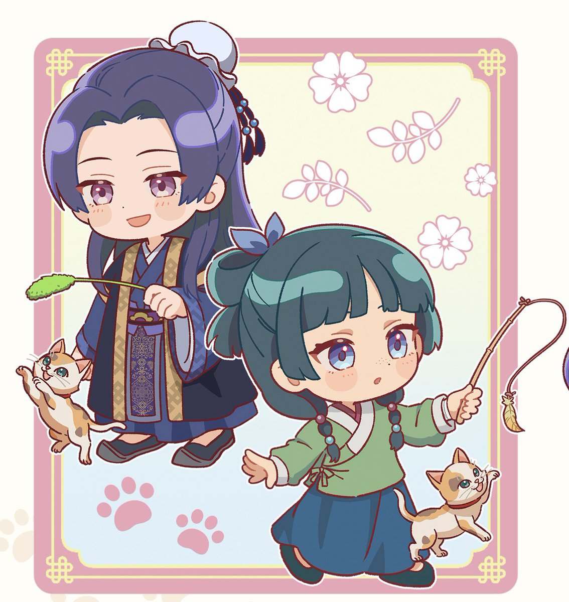 keiuzuki's tweet photo. NEW APOTHECARY DIARIES CHIBI ILLUSTRATION 

Maomao and Jinshi playing and holding Maomao the cat, SO CUTE 💕 https://t.co/G9CNw3H1HS