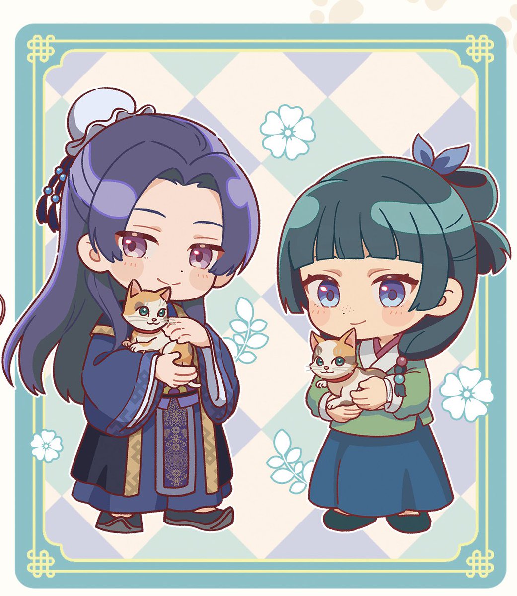 keiuzuki's tweet photo. NEW APOTHECARY DIARIES CHIBI ILLUSTRATION 

Maomao and Jinshi playing and holding Maomao the cat, SO CUTE 💕 https://t.co/G9CNw3H1HS