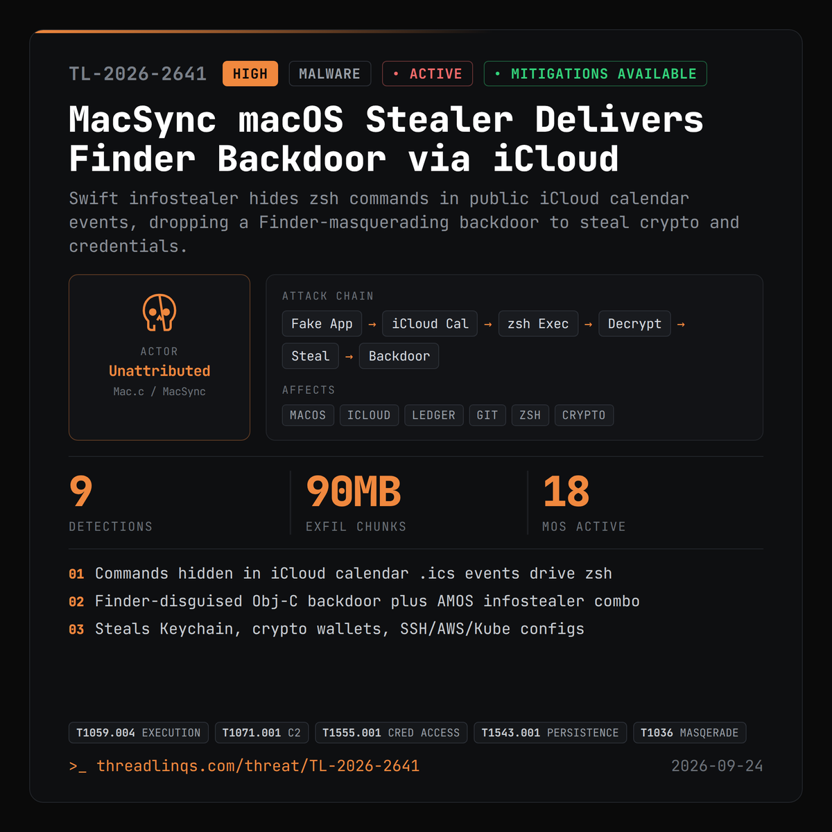 threadlinqs's tweet photo. MacSync hides zsh commands in iCloud calendar events to drop a Finder-disguised backdoor on macOS. https://t.co/gAeyLLrGEe #ThreatIntel #MacSync #sn_relay #AMOS https://t.co/uCBjzA1NTi
