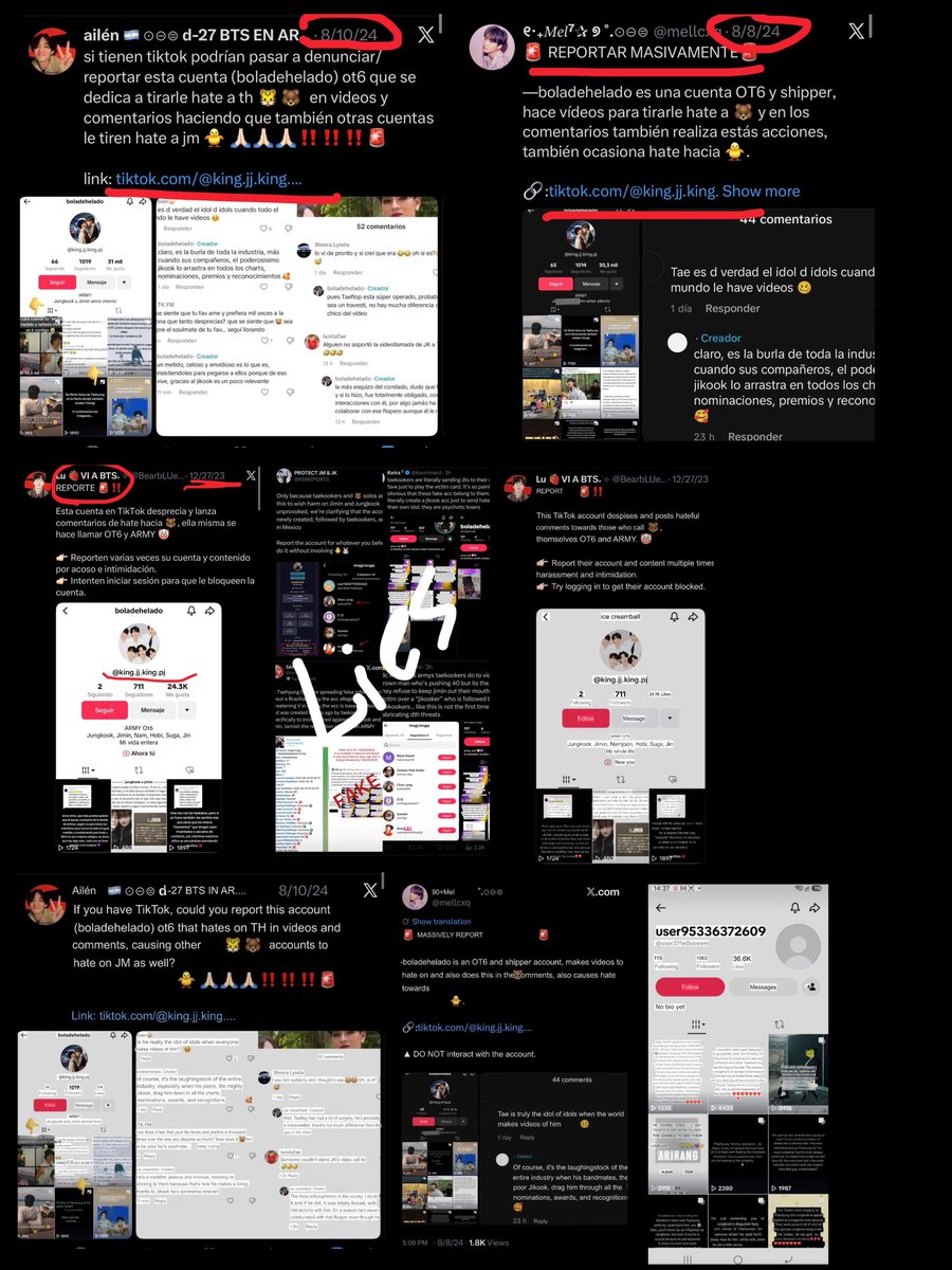 VonTidal's tweet photo. ⛔️Report these accounts multiple times for manipulating, lying, and trying to shift the narrative and counter-blaming others who are raising awareness and demanding protection for Taehyung.

https://t.co/l0OAf3NYcf https://t.co/lPmz6lZXnX https://t.co/uNcVbpXtjS https://t.co/zvg6jolma7

Certain accounts are currently attempting to reframe a years-long pattern of targeted harassment against Taehyung as a recent “fake account” created by his supporters. Public records and prior reporting campaigns from 2023–2024 show otherwise. The TikTok account operating under names including kingjj.kingpj / boladehelado has a documented history of posting hate, threats, and derogatory content directed at Taehyung. The account has been suspended multiple times and has reappeared under similar handles.

Claims that this is a newly created Mexico-based account made solely to incite conflict ignore that evidence. Redirecting blame onto fans who are documenting the behavior and requesting platform and company action does not change the underlying record.

Continue submitting reports to HYBE via https://t.co/kEN0ntXJPL

Reporting template: https://t.co/50pPbAjSfr

Do not engage directly. Focus on platform reports for harassment, threats, and misinformation.