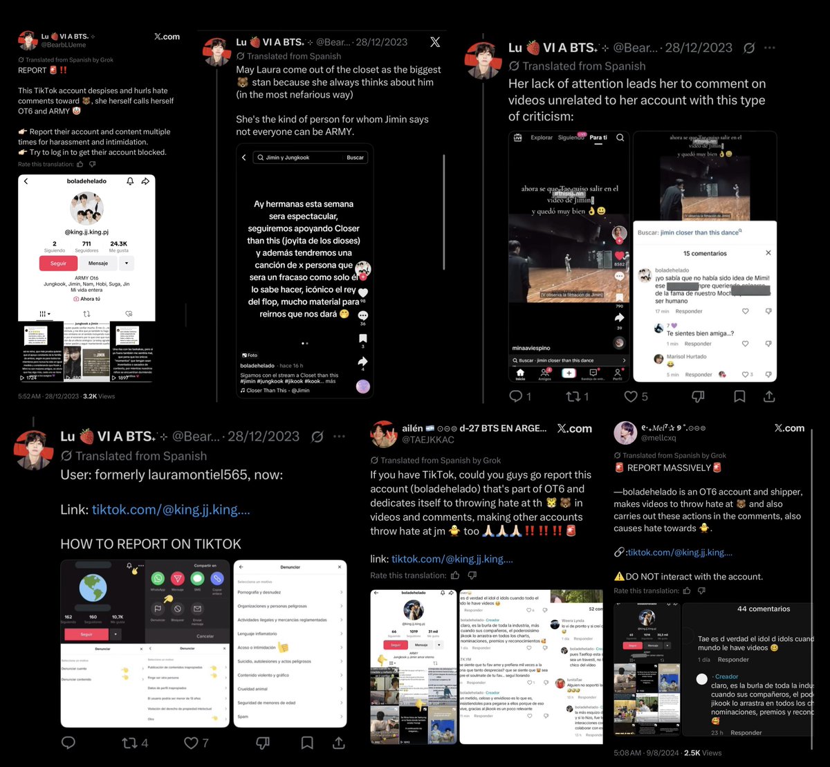 VonTidal's tweet photo. ⛔️Report these accounts multiple times for manipulating, lying, and trying to shift the narrative and counter-blaming others who are raising awareness and demanding protection for Taehyung.

https://t.co/l0OAf3NYcf https://t.co/lPmz6lZXnX https://t.co/uNcVbpXtjS https://t.co/zvg6jolma7

Certain accounts are currently attempting to reframe a years-long pattern of targeted harassment against Taehyung as a recent “fake account” created by his supporters. Public records and prior reporting campaigns from 2023–2024 show otherwise. The TikTok account operating under names including kingjj.kingpj / boladehelado has a documented history of posting hate, threats, and derogatory content directed at Taehyung. The account has been suspended multiple times and has reappeared under similar handles.

Claims that this is a newly created Mexico-based account made solely to incite conflict ignore that evidence. Redirecting blame onto fans who are documenting the behavior and requesting platform and company action does not change the underlying record.

Continue submitting reports to HYBE via https://t.co/kEN0ntXJPL

Reporting template: https://t.co/50pPbAjSfr

Do not engage directly. Focus on platform reports for harassment, threats, and misinformation.