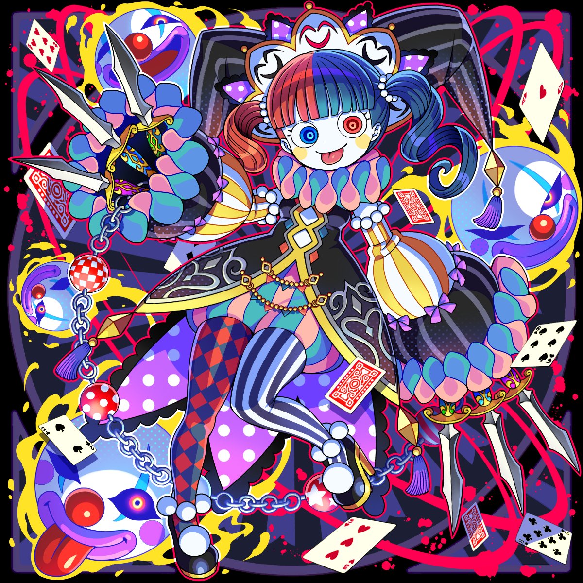 DragonPoker_aso's tweet photo. 【ドラポ新SS情報】本日メンテ後の『選抜RSガチャ』に『道化師ジェスタ』が登場！クラウンの道化師仲間…いや？チョット違うのぅ！赤と青の髪と瞳に、トランプを散らした衣装がよく似合っておるぞい！じゃが素顔は決して見せぬそうで、最終進化の顔も本物ではないのかもしれんぞい！ https://t.co/UEvw6pAdfy