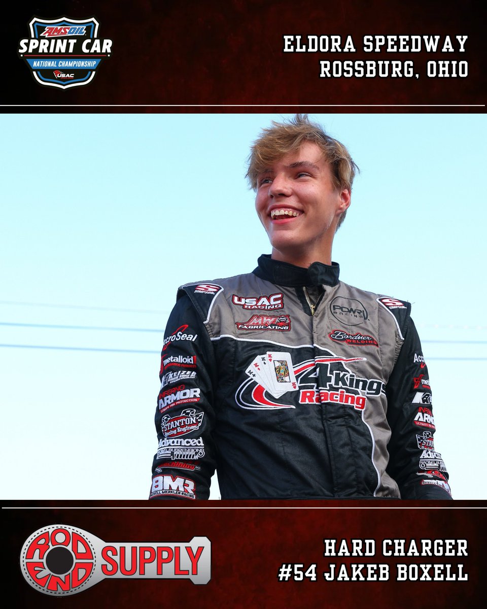 USACNation's tweet photo. 𝟏𝟖𝐭𝐡 𝐭𝐨 𝟏𝟐𝐭𝐡 𝐎𝐯𝐞𝐫𝐭𝐮𝐫𝐞 ⚡️

@J_Boxell44 advanced 6 positions in tonight's USAC @AMSOILINC National Sprint Car feature to earn @Rod_End_Supply Hard Charger honors.

📸 @JoshJames81 https://t.co/7N0Sm8Bkbk