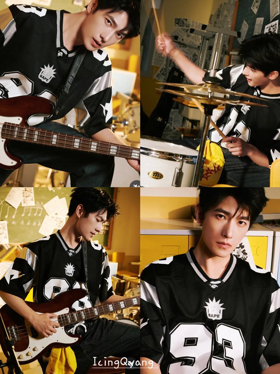 icingquinyang2's tweet photo. #alittlerough #alittleedgy the #godofvisuals strikes again with a series of #YangYang杨洋 in a #blackandwhite jersey strumming an electric guitar and banging on a set of drums. #hotnessoverload https://t.co/Jp7bmtoHdI