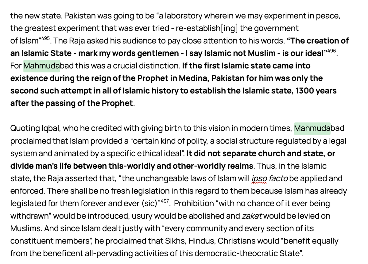 samyak128's tweet photo. Raja of Mahmudabad was a distant relative of Jinnah's. His family were Princely States in the Lucknow/Sitapur area. During the Partition movement, he became one of the biggest supporters of the idea of Pakistan. He was one of the biggest funders and supporters of the UP Muslim League. After Partition was approved by the British, the Raja became "confused" about whether he even wanted to go to his own creation. Among others, Nehru tried to stop the Raja from going to Pak and begged him to stay in India. For what reason, I don't know. Later the Raja goes to Pakistan, then Iran, and the the UK, and dies. But in 1957, his son is allowed back to India. Once he returns, the son files a case to get back his property, which had been decreed "Enemy Property". He even wins his case in the SC, and Arun Jaitley as Law Minister in 2017 has to pass a law undoing this family getting back their property. This son of Mahmadubad marries the daughter of a Hindu IFS officer. Their son, Ali Khan Mahmudabad is currently the head of the political science department at Ashoka Univeristy. Moral of the story: India is not a serious country 🤷‍♂️