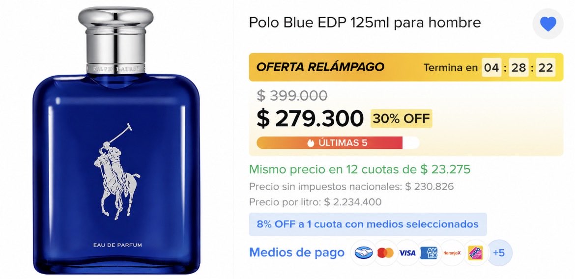 RadarOfertasAR's tweet photo. 🔥 POLO BLUE RALPH LAUREN: OFERTA RELÁMPAGO Y QUEDAN POCOS

Antes: $399.000
Ahora: $279.300 — 30% OFF
💳 12 cuotas sin interés 🔥
👉 https://t.co/ECBabOkyDV

Polo Blue EDP 125 ml (gigante), uno de los clásicos de Ralph Lauren. Quedan pocas unidades a este precio. 

Tienda Oficial Ralph Lauren en Mercado Libre.

⚡ ¡Aprovechá la oferta relámpago antes de que se termine!

Miralo acá 👉 https://t.co/ECBabOkyDV