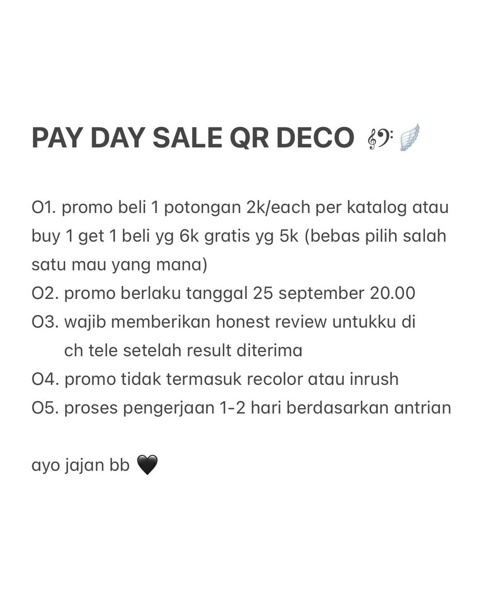 heartmoire's tweet photo. help   repost   please   tysm   ♥︎    aku   kembali   ngadain   promo   qr   deco   pay   day   sale   ! dengan   potongan   2rb   per   1   katalog      atau   b1g1   ☻   yang   mau   jajan   sung   dm   /   chat   tele   ya.   berlaku   tanggal   25   september   aja   🤍 https://t.co/rt7UdDusol