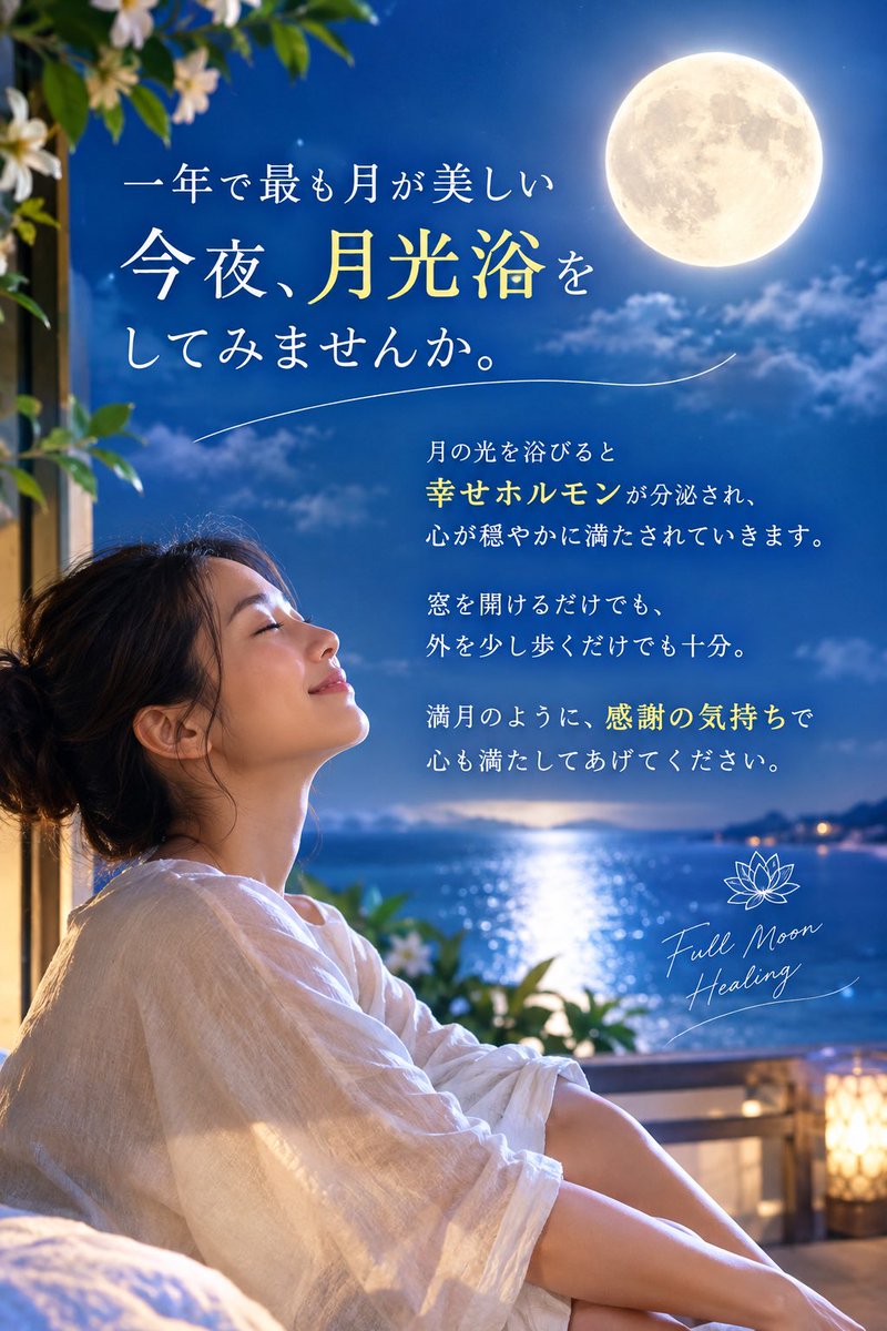 godhandhiro358's tweet photo. 一年で最も月が美しい今夜、
月光浴をしてみませんか。

月の光を浴びると
幸せホルモンが分泌され、
心が穏やかに満たされていきます。

窓を開けるだけでも、
外を少し歩くだけでも十分。

満月のように、
感謝の気持ちで
心も満たしてあげてください。 https://t.co/CXx2xANkft