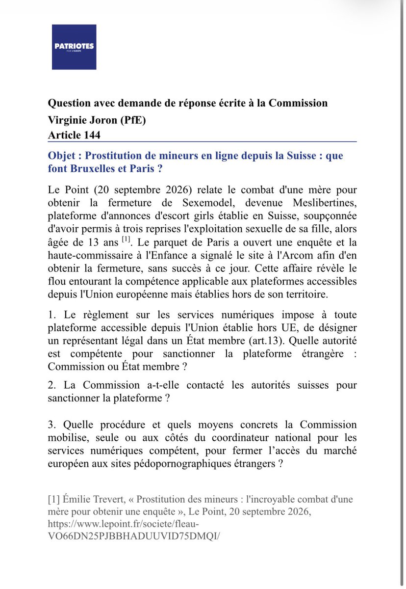 v_joron's tweet photo. Comme « le gouvernement français est au courant et n’agit pas », et en attendant un nouveau gouvernement en 2027 je saisis la @UEFrance qui peut agir quand elle le souhaite ( jurisprudence RT et Sputnik ). 

Ils veulent protéger les mineurs en ligne ? Alors qu’ils commencent par suspendre ce site de trafic des mineurs au lieu de faire de la mousse avec le Kids Act.