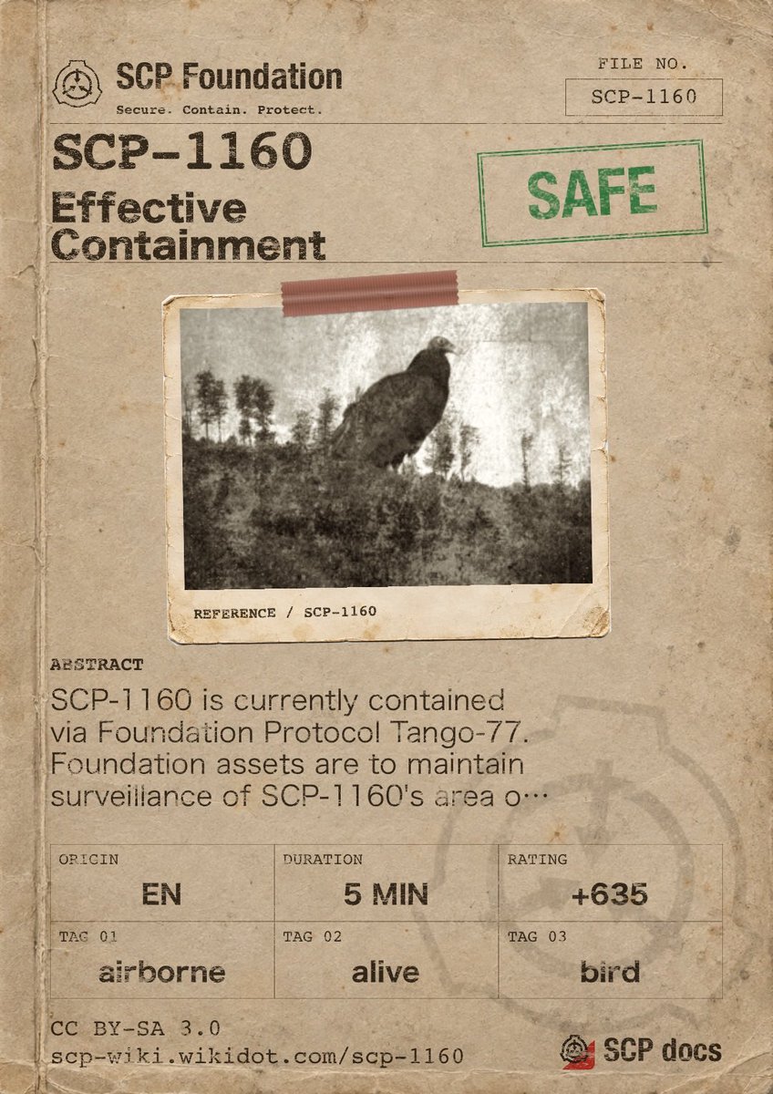 SCPdocs's tweet photo. SCP Spotlight

SCP-1160 "Effective Containment"
https://t.co/AwNNNUqdWJ

⚠️ SCP-1160 is currently contained via Foundation Protocol Tango-77. F…

Score: +635
Read: 5 min
🌐 EN · ES · FR · JP · KO · PL · RU · CN · DE · IT · ZH-TR
Tags: airborne

#SCP #SCPdocs #SCPRecommendation https://t.co/ujFOoVOyp5