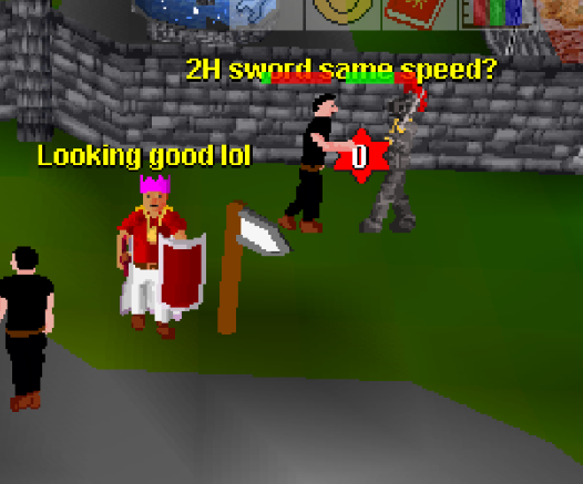 runeclassicgp's tweet photo. all weapons are the same speed. the 2h sword hits harder but you can't equip a shield with it since you need both hands to swing it https://t.co/0hUulkY0Jh