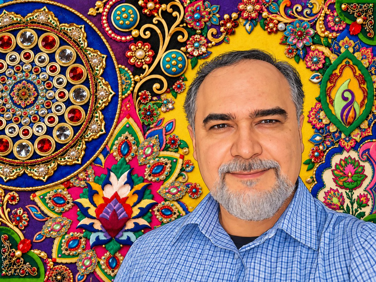 nimanezafati's tweet photo. Me, surrounded by the colours and patterns of my handmade creations! 😊😄
I shared a photo of myself and some photos of my craftwork with ChatGPT, and the result of our collaboration is the colourful image you see here. 😊🎨😃 https://t.co/o5GeiylEzm