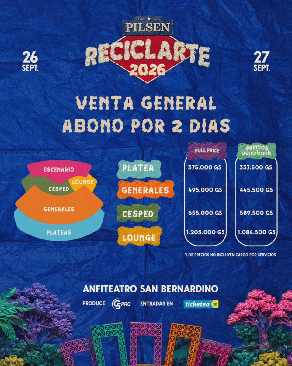 ReciclArtePY's tweet photo. 🔥 𝙁𝙐𝙇𝙇 𝙋𝙍𝙄𝘾𝙀 💥

Ingresa a https://t.co/muVxFBpX5U 🎟 y asegura tu lugar en el 𝙛𝙚𝙨𝙩𝙞𝙫𝙖𝙡 𝙢𝙖́𝙨 𝙦𝙪𝙚𝙧𝙞𝙙𝙤 𝙙𝙚𝙡 🇵🇾 

𝗣𝗶𝗹𝘀𝗲𝗻 𝗥𝗲𝗰𝗶𝗰𝗹𝗔𝗿𝘁𝗲 2026 🍻🤘🏻🎸
🗓️ 26 y 27 de Septiembre 
📍Anfiteatro de San Bernardino https://t.co/Hrbdp5yxaN