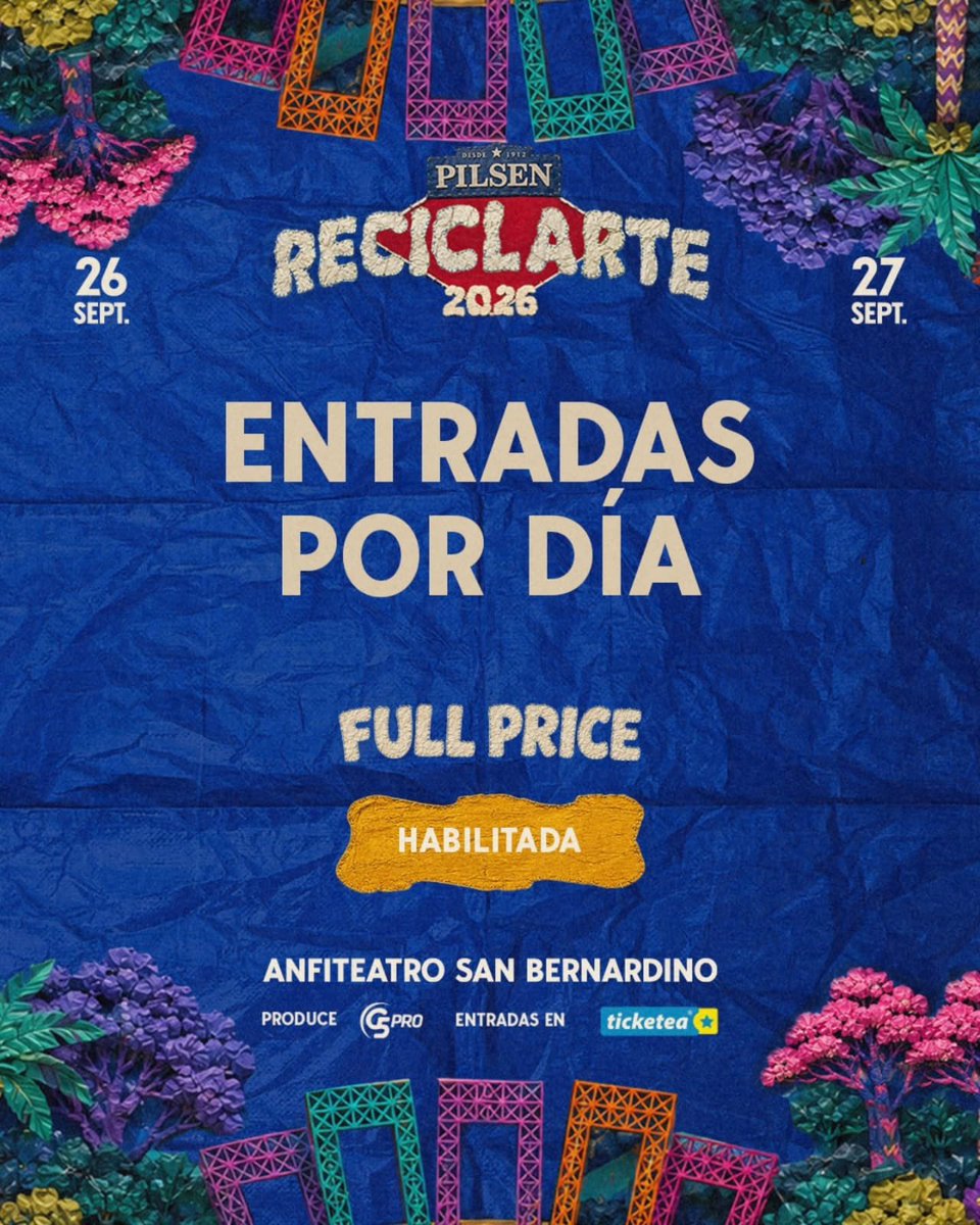 ReciclArtePY's tweet photo. 🔥 𝙁𝙐𝙇𝙇 𝙋𝙍𝙄𝘾𝙀 💥

Ingresa a https://t.co/muVxFBpX5U 🎟 y asegura tu lugar en el 𝙛𝙚𝙨𝙩𝙞𝙫𝙖𝙡 𝙢𝙖́𝙨 𝙦𝙪𝙚𝙧𝙞𝙙𝙤 𝙙𝙚𝙡 🇵🇾 

𝗣𝗶𝗹𝘀𝗲𝗻 𝗥𝗲𝗰𝗶𝗰𝗹𝗔𝗿𝘁𝗲 2026 🍻🤘🏻🎸
🗓️ 26 y 27 de Septiembre 
📍Anfiteatro de San Bernardino https://t.co/Hrbdp5yxaN