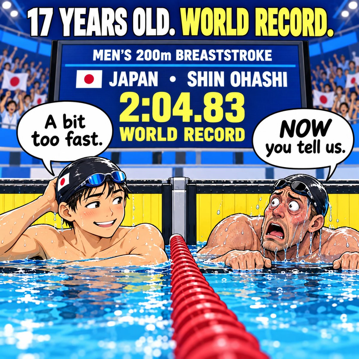 justabitoffbeat's tweet photo. Japan’s Shin Ohashi just broke the 200m breaststroke world record at 17.

The guy in the next lane is asking if he accidentally signed up for the 400m.

#JustABitOffbeat #Swimming #WorldRecord #AsianGames https://t.co/aTDoDqZcLh