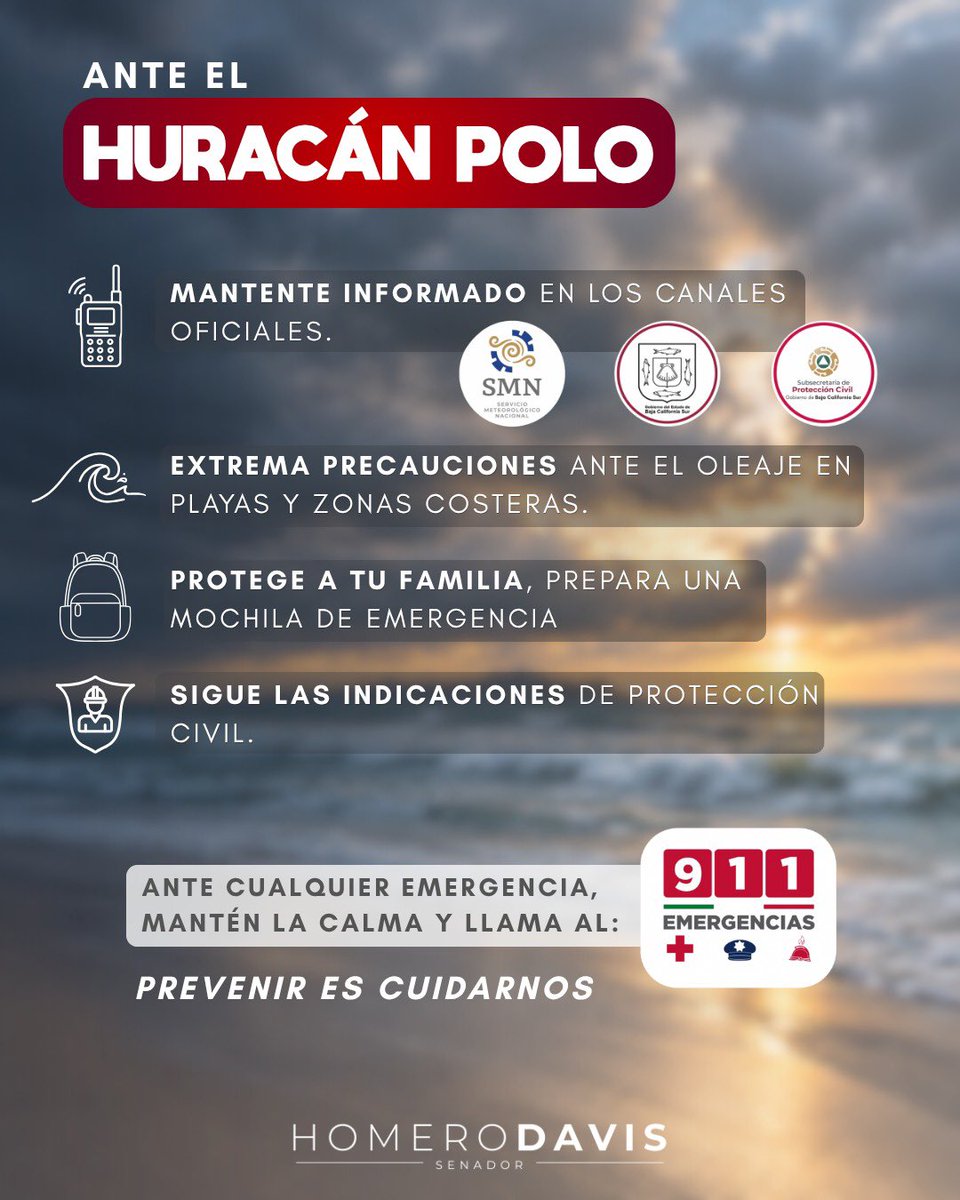 homerodav's tweet photo. Amigas y amigos de #BajaCaliforniaSur, ante el #HuracánPolo, les invito a mantenerse informados y atender los avisos de Protección Civil. Tomemos las precauciones necesarias para cuidar de nuestras familias. 

#VamosAdelante https://t.co/Tz0MkSTwGM