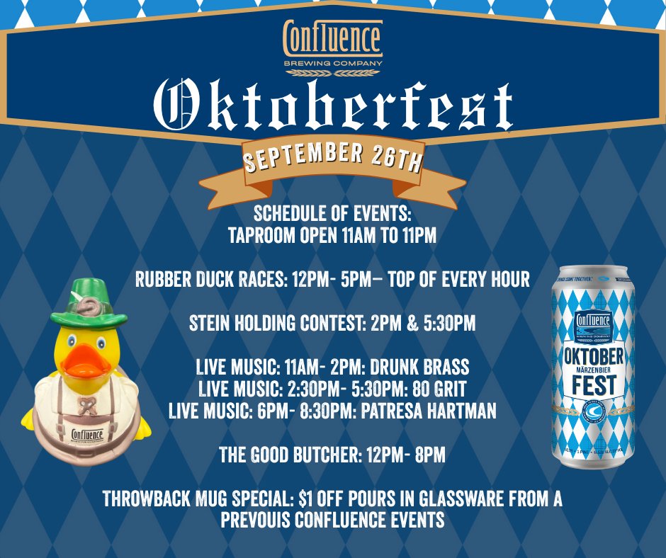 ConfluenceBrew's tweet photo. Oktoberfest is tomorrow! 🎉

So lay out your lederhosen or dirndl, get out your Confluence throwback mugs, and be ready to test your strength and stamina in a stein-holding contest! Prost!🍻

What are you most excited for at Oktoberfest? https://t.co/m6f92HlRZm