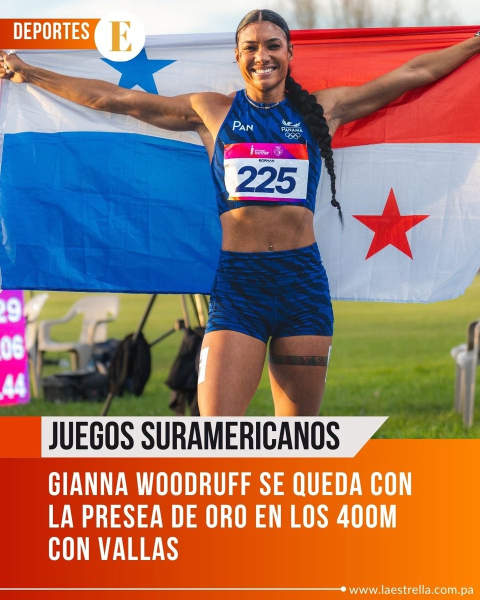 EstrellaOnline's tweet photo. Gianna Woodruff, con tiempo de 54.11seg, se quedó con la medalla de oro en los 400m con vallas de los XIII Juegos Suramericanos Santa Fe 2026, estableciendo un nuevo récord dentro del evento. https://t.co/gPIqfRIJ0G