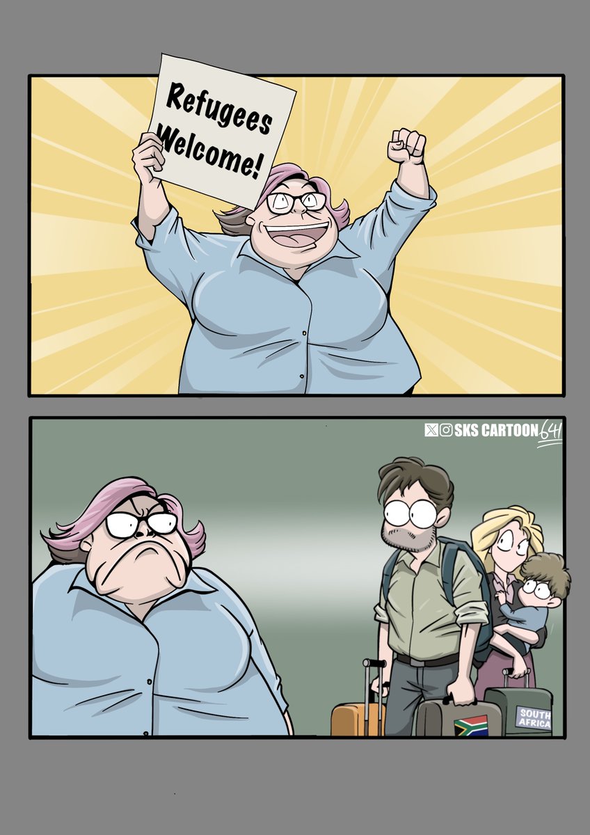 skscartoon's tweet photo. When the left realise the "17,500 African refugees" are White South Africans... https://t.co/v2EgDCKrTa