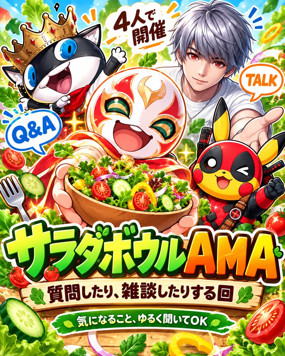 makeruna_ningen's tweet photo. 第2回 サラダボウルAMA🥗

今夜22:00〜23:00！

AMA＝Ask Me Anything（なんでも聞いて！）
4人でゆる〜く雑談しながら、みなさんの質問に答えます🔥

@hatisan0909 (ハチさん）
@shingendesu (いんげんさん）
@monanchu88 (もなんちゅさん）

たとえばこんな質問、大歓迎です👇

◆ ぶっちゃけ、入ったら定価で買えるようになる？
◆ 仕事中で通知を見れない人でも意味ある？
◆ 地方住みでも使える情報ある？
◆ 何もわからない初心者でも大丈夫？
◆ 見てるだけ（ロム専）でもいいの？
◆ 通知多すぎてスマホうるさくならない？ｗ

「こんなこと聞いていいのかな…」も全然OK🙏

入る前の人も、もう入ってる人も、作業しながら・寝る前に耳だけでも遊びに来てください！！
