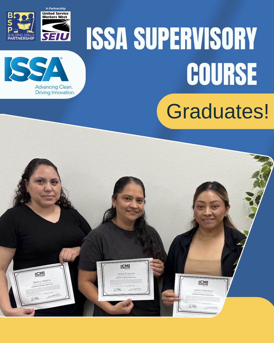 Building_Skills's tweet photo. 🎉 Congratulations to our newly ISSA-certified supervisors!

We’re proud to celebrate three BSP Supervisory Course students who successfully passed their ISSA-The Association for Cleaning & Facility Solutions Certification exam on September 18, 2026! 👏

From left to right:

🔹 Nancy Najera – LA General Medical Center Multi Service Worker with Servicon

🔹 Laura Esquivel – LAX Worker with C&W

🔹 Juana Francisco – Janitorial Worker with Able Building Maintenance

Their dedication to professional growth and leadership development is helping strengthen career pathways across the property services industry.

Congratulations, Nancy, Laura, and Juana! 🎓💪

A special congratulations to our students and a thank you to ISSA-The Association for Cleaning & Facility Solutions for advancing education and certification opportunities across the cleaning and facility solutions industry.

#BuildingSkillsPartnership #BSP #ISSA #WorkforceDevelopment #CareerPathways #ProfessionalDevelopment #LeadershipDevelopment