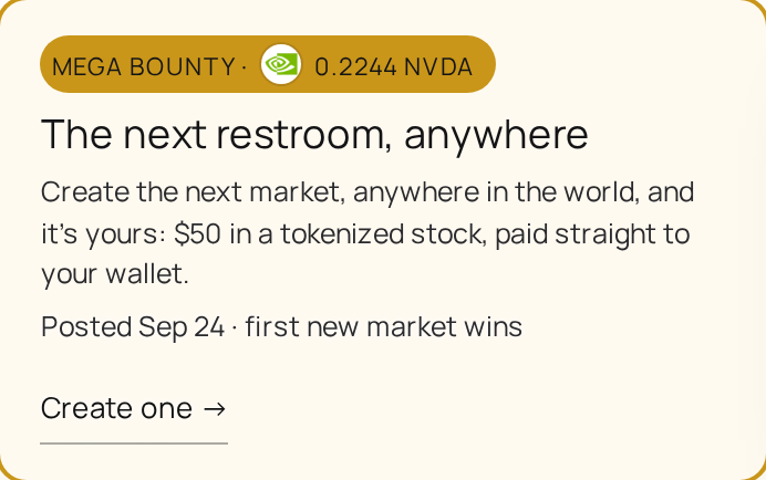restroomsdotfun's tweet photo. The mega bounty reward has been bumped up to 50$ in $NVDA.   Be the first to create a restroom market.  🚽

$RESTRMS

https://t.co/OCKrf9kBCR https://t.co/zpH07vHSwm
