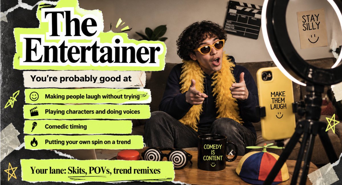fyproai's tweet photo. Part 4: The Entertainer

You make people laugh without even trying.

You’re good at playing characters, doing voices, and knowing exactly when the joke should land.

And you can put your own spin on almost any trend.

Your lane: skits, POVs + trend remixes. https://t.co/HBlSDmZnDm