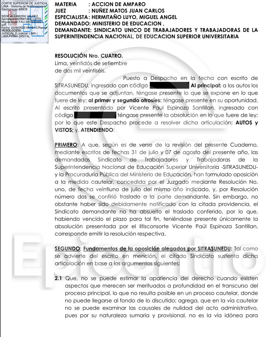 Epicentro_TV's tweet photo. #LOÚLTIMO | El 1.º Juzgado Constitucional de Lima dejó sin efecto la medida cautelar que permitía a Vicente Espinoza continuar como representante del Minedu ante la Sunedu. Con esta decisión, queda habilitada la designación de Policarpio Chauca como el nuevo representante ante el Consejo Directivo de la Sunedu.