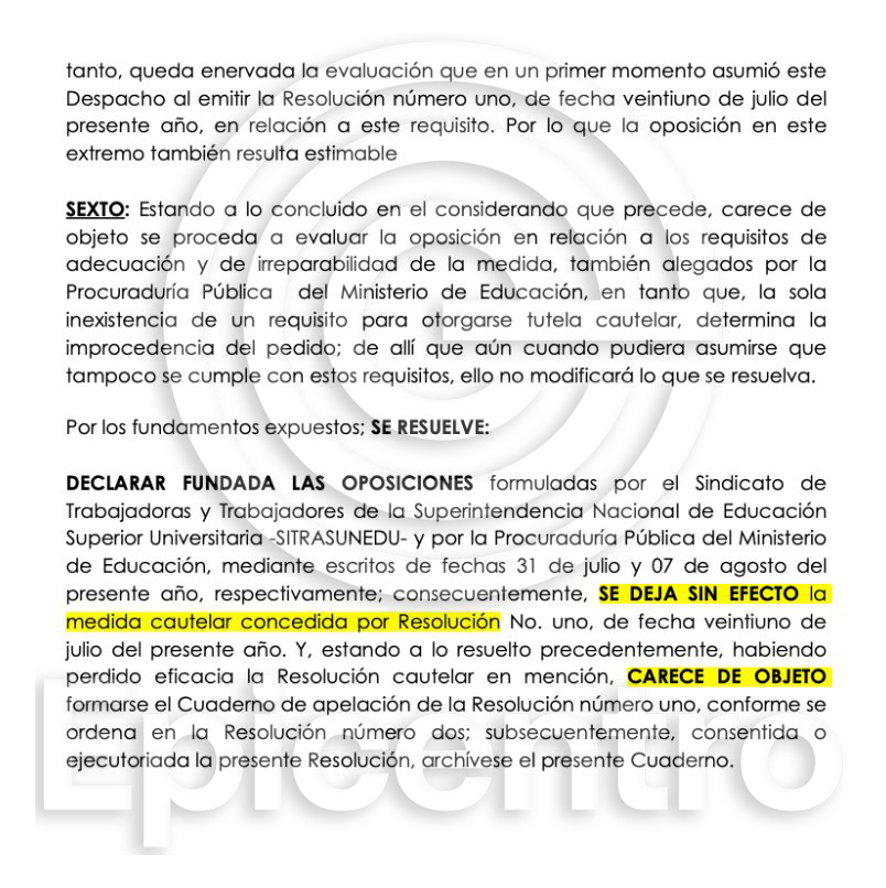 Epicentro_TV's tweet photo. #LOÚLTIMO | El 1.º Juzgado Constitucional de Lima dejó sin efecto la medida cautelar que permitía a Vicente Espinoza continuar como representante del Minedu ante la Sunedu. Con esta decisión, queda habilitada la designación de Policarpio Chauca como el nuevo representante ante el Consejo Directivo de la Sunedu.