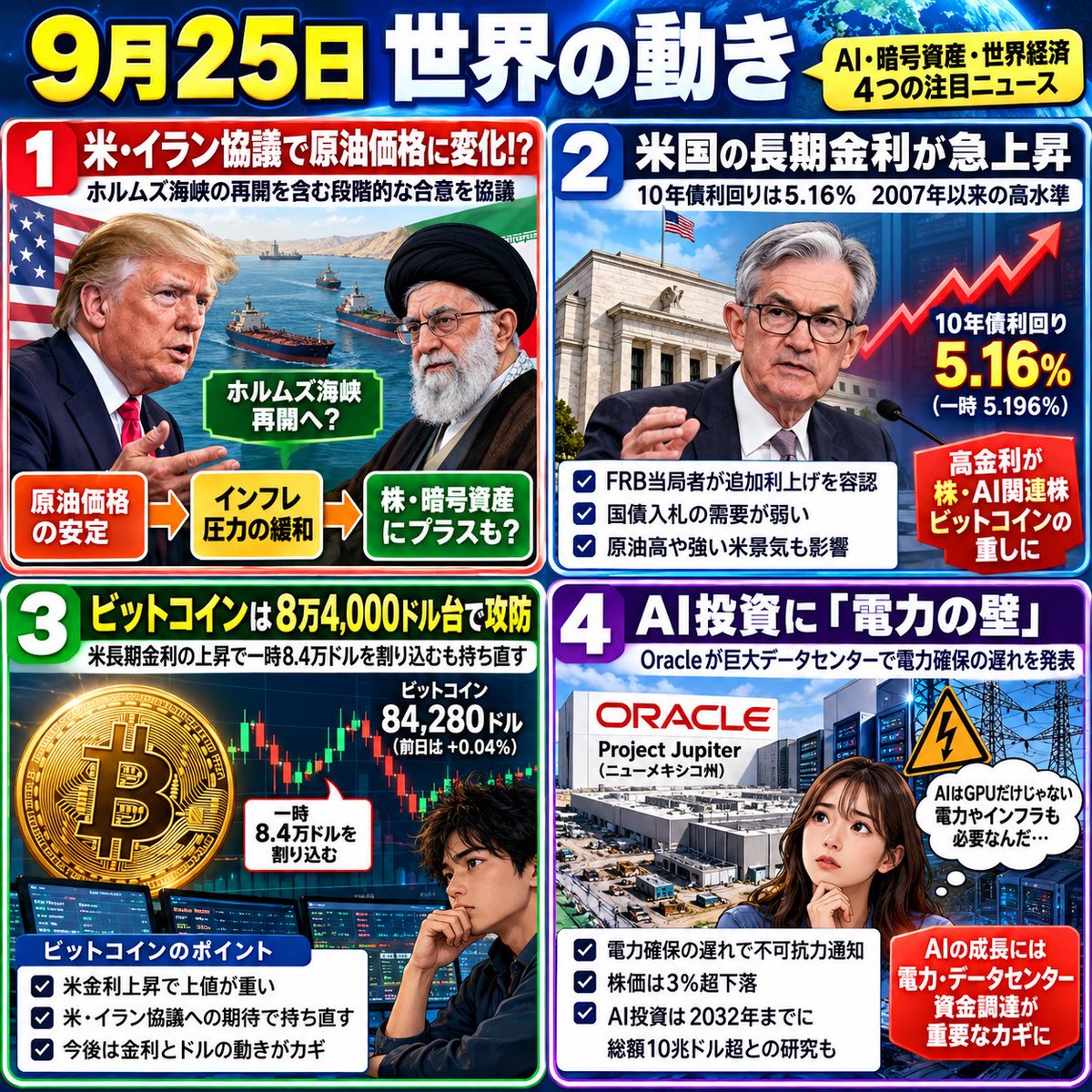 tosiyuki0512's tweet photo. 【9月25日の世界の動き🌍 AIに「電力の壁」!BTCは8万4,000ドル攻防へ】
こんにちは😊
9月25日の世界市場は、表面上は静かですが、水面下ではかなり大きな変化が起きています。
🇺🇸S&P500は7,704.13でほぼ横ばい。
ナスダックも小幅高でした。
ところが今、市場最大の問題になっているのが「原油」と「米国金利」です📈
米国債利回りは5%台という高い水準にあり、AI関連株やBTCなどには大きな重しとなっています。
🪙ビットコインは8万4,000ドル付近で攻防。
ポイントはBTCだけを見るのではなく、
原油高
↓
インフレ上昇
↓
FRBの利上げ警戒
↓
米金利上昇
↓
BTC・株に逆風
という流れを見ることです。
一方で明るい材料もあります✨
🇺🇸🇮🇷米国とイランが、ホルムズ海峡の航行再開などを含む段階的な出口について協議していると報じられました。(Reuters)
実現すれば原油価格が落ち着き、インフレや金利にも影響する可能性があります。
そして今日のAIニュースで特に重要なのが「電力不足」⚡
Oracleの巨大データセンターProject Jupiterで、電力確保の遅れが問題になっています。(Reuters)
AIはGPUだけあっても動きません。
電力、データセンター、冷却設備、水、送電網など巨大なインフラが必要です。
さらに研究では、2025〜2032年の米国のAIインフラ投資が約10.3兆ドル、年間平均でGDPの約3.63%に達するとの試算も出ています。(Brookings)
AIを見るなら半導体だけではなく、
「電力+データセンター+資金」
を見る時代になってきました🤖
今日の注目ポイントは、
「原油」「米国金利」「米・イラン協議」。
そしてBTCは8万4,000ドル付近を維持できるかに注目です👀
世界のニュースは全部つながっています。
今日もAIと暗号資産の大きな流れを追っていきましょう!
#9月25日 #ビットコイン #暗号資産 #AI #世界経済