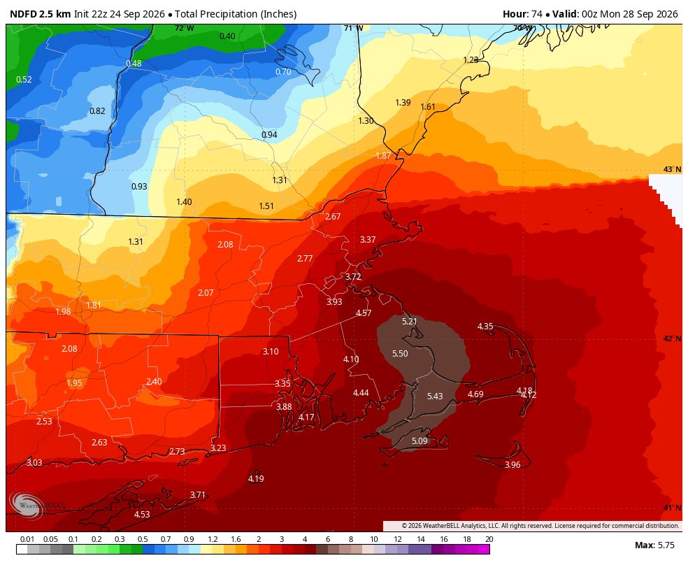 dspringzwx's tweet photo. @bosredsoxnews Id actually say very similar to Longisland 

45-55mph gusts 

2-4” of rain https://t.co/JLxr1XWWI0