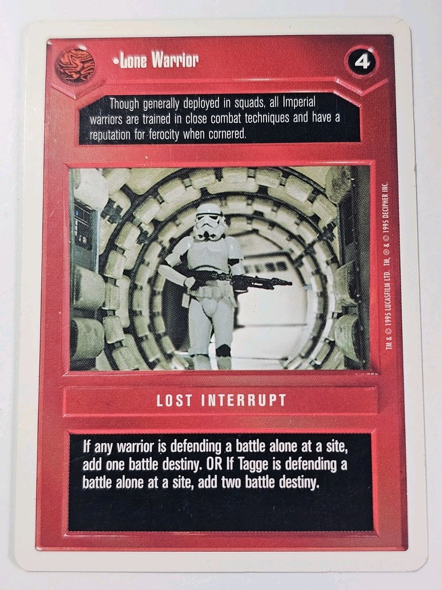 jadesfirecomics's tweet photo. Star Wars CCG Premiere Unlimited (WB) DS Rare - Lone Warrior SWCCG https://t.co/6FpkOPlxYX #STARWARS #SWCCG #CCG #STARWARSDECIPHER #CCGSALE https://t.co/RqwcrXworS