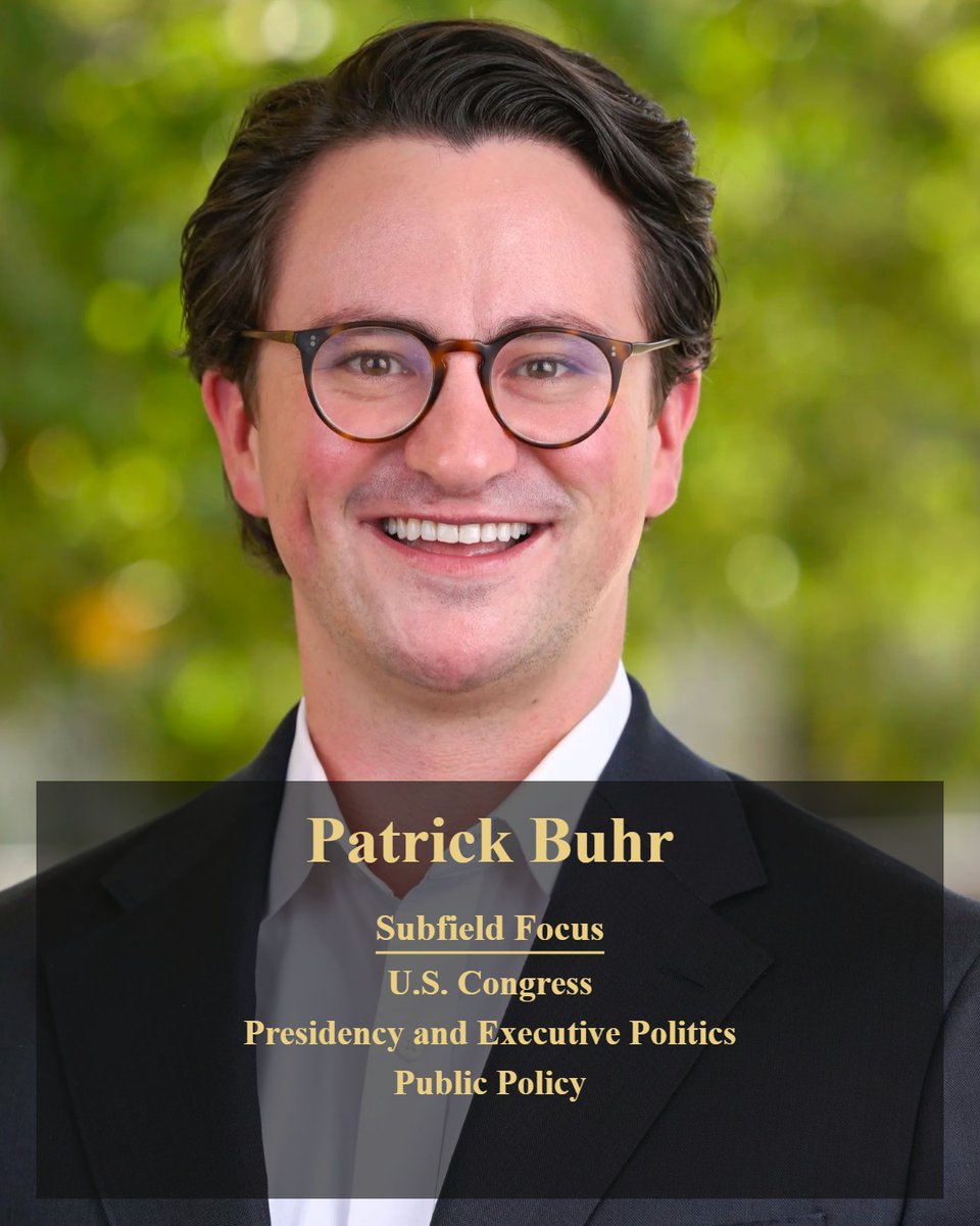 VandyPoliSci's tweet photo. 🌟 It's Job Market Season! 🌟

Over the next week we're highlighting all of our amazing PhD candidates, postdocs, and recent alumni entering the job market. You can learn more about the candidates and their research on their websites.

Today we highlight Patrick Buhr, a Ph.D. Candidate studying Congress, the presidency, and separation-of-powers policymaking.
Website: https://t.co/rwkDmkhOVU

- Patrick's dissertation assesses how the nationalization of congressional elections affects legislative negotiations between Congress and the president.
- He argues that nationalization undermines the president's legislative agenda by giving the opposition party electoral incentives to see this agenda fail. 
- He develops and tests this argument using formal theory, quantitative methods and new data collection, and interviews with Members of Congress, their staff, and former White House officials. 

You can learn more about his dissertation or read his other working papers in legislative politics and administrative policymaking by visiting his website: https://t.co/Jklo025Yhi