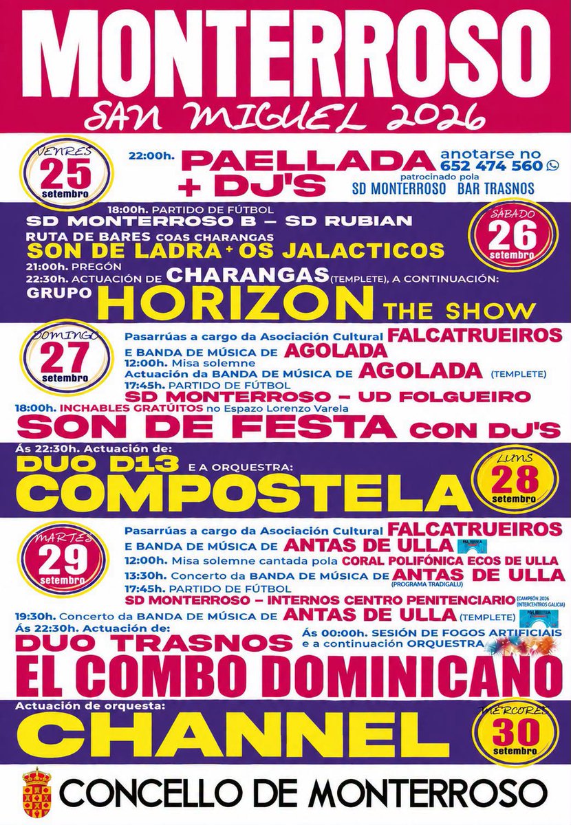 ConcelloM's tweet photo. 🏫 Hoxe comezan as Festas de San Miguel 2026 en Monterroso!

🥘 Ás 22:00 h, paellada popular na Cúpula, seguida das actuacións de Luis Rey, DJ Rubén e DJ Aldán.

🎊 Desde o Concello de Monterroso desexámosvos unhas Felices Festas! https://t.co/DZpa3Yfd0N