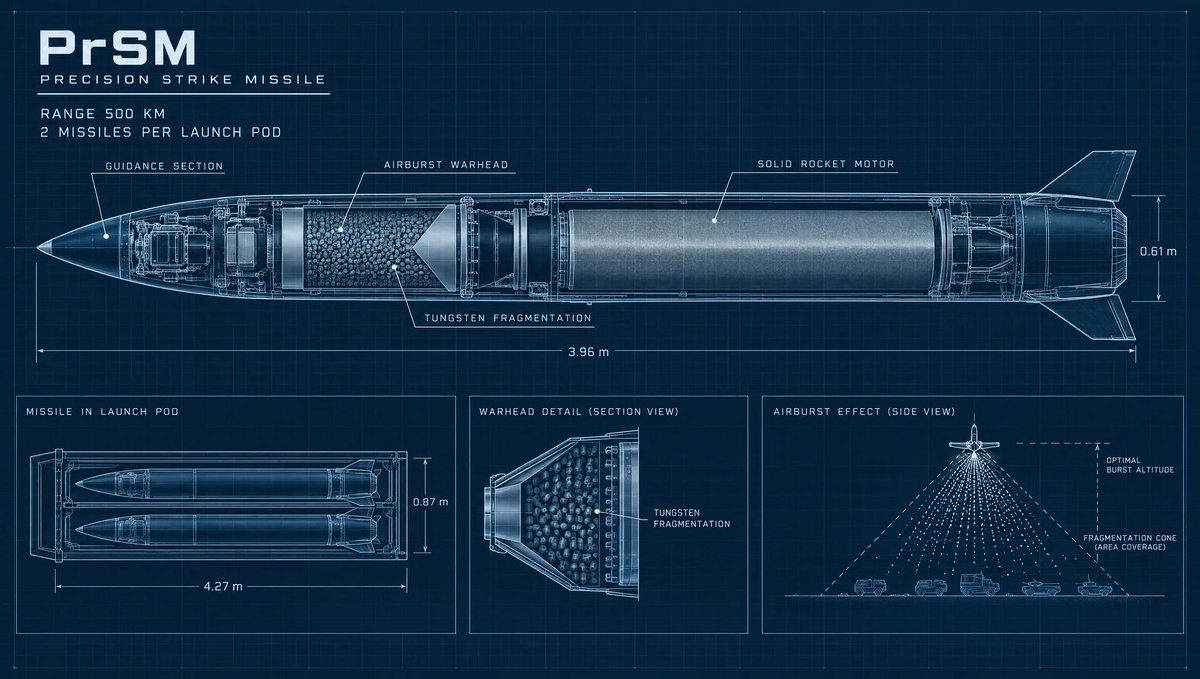 ItsRealAlec's tweet photo. 🚨🚨 THIS MISSILE JUST CHANGED WARFARE FOREVER

The US just used a missile in the Iran war that has never been fired in any war before.

It's the Precision Strike Missile. PrSM. Fired from the same HIMARS trucks that became famous in Ukraine.

Old missile (ATACMS) range: 300 km PrSM range: 500 km Next version: 1,000 km

→ Every launcher now carries 2 missiles instead of 1 → It explodes ABOVE the target and sprays tens of thousands of tungsten pellets in every direction → CENTCOM fired it in the first 24 hours of the war and called it a "historic first" → The Army just signed a $1.2 BILLION contract for a version that hunts SHIPS and moving targets → Lockheed already got an $8.4 BILLION deal to ramp up production

This is why the fight for the Strait of Hormuz just changed.

The US has burned through up to two-thirds of its missile-defense interceptors. Rebuilding them takes at least 5 YEARS.

That rate is unsustainable. You can't keep shooting down everything Iran fires.

So you kill the launchers and the boats BEFORE they fire.

Iran spent decades hiding missiles and fast boats along a 21-mile strait. A truck-launched missile with a 500 km reach turns that entire coastline into a target.

Iran's answer? A new anti-ship missile with a CLUSTER warhead, fired at the USS George Washington on Sept 5. It missed.

But here's the part the brochure leaves out: Airwars and the AP say 3 of these missiles hit the Iranian city of Lamerd on day one. 21 civilians dead. 7 children. Pellets killed people 50 meters from the blast. CENTCOM says it wasn't theirs.

This isn't just a weapon. It's the template for every war that comes next.