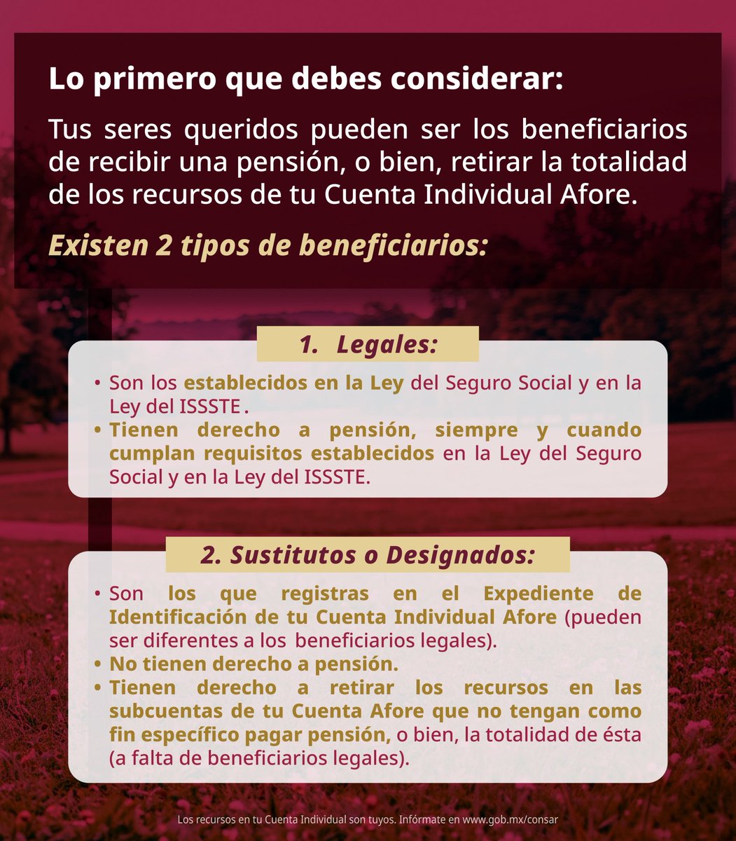 PENSIONISSSTE_'s tweet photo. 🍂 Seguimos en septiembre, Mes del Testamento. Y tú, ¿ya elegiste a quién dejarás como beneficiario de tu Cuenta Individual de AFORE PENSIONISSSTE? 👨‍👩‍👧‍👦

No lo dejes para después. Designar a tus beneficiarios es una decisión importante para proteger a quienes más quieres. ❤️

📍 Hazlo hoy. Visita cualquiera de nuestros Centros de Atención al Público y recibe orientación gratuita.

👉 Consulta nuestras ubicaciones y acércate a AFORE PENSIONISSSTE.