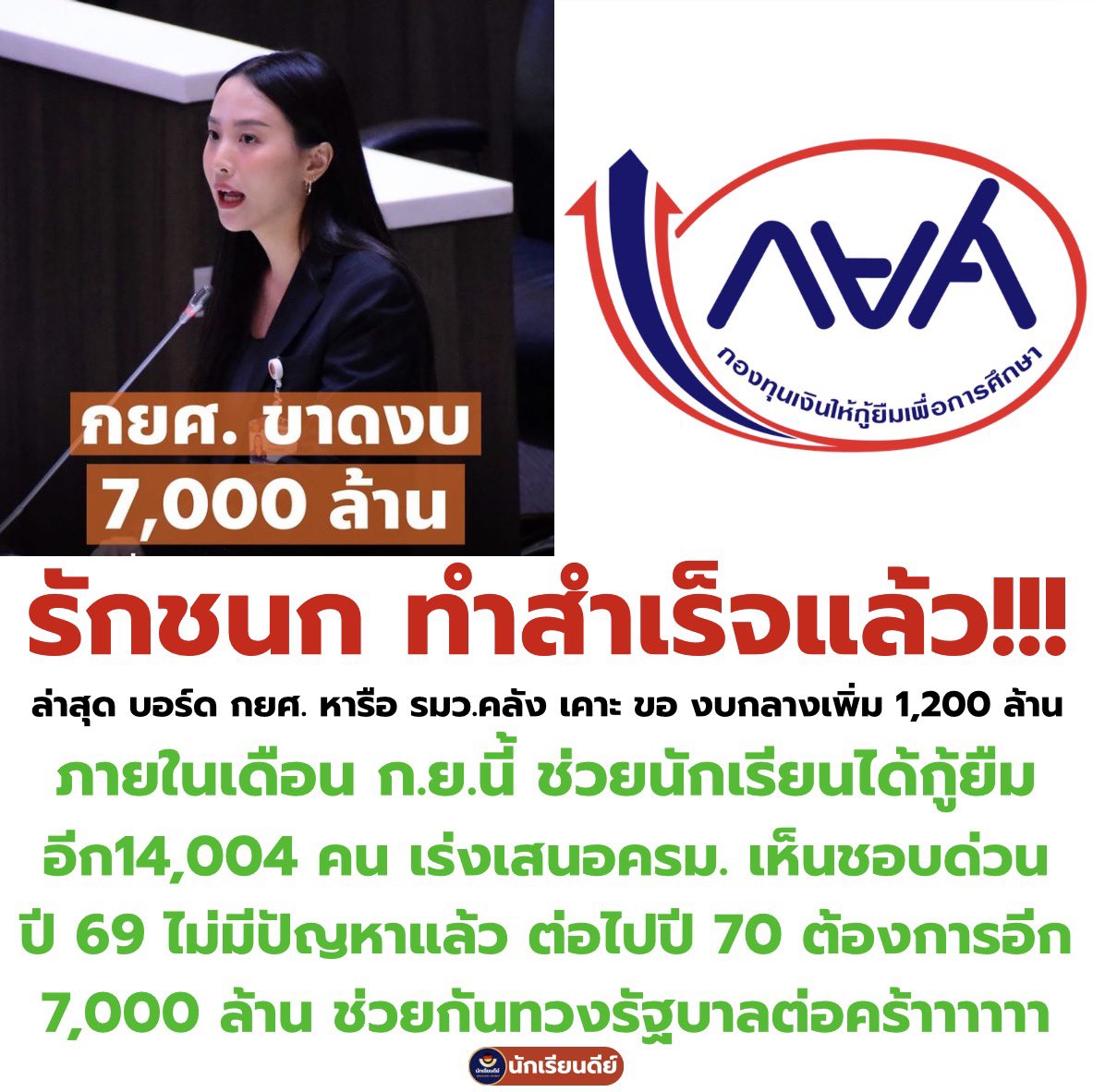 Good_studentt's tweet photo. โอกาสนี้ ขอขอบคุณทุกคนทุกเจนที่ช่วยกันดันเรื่อง #กยศ ให้ได้รับการแก้ไขครับ ลุยต่อ ปี 70 เหลืออีก 7,000 ล้าน!!! https://t.co/VQlRQP6p48
