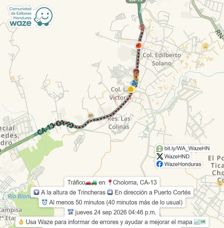 WazeHND's tweet photo. #Tráfico🚗🚙 en 📍#Choloma, CA-13
🔽 A la altura de Trincheras ➡️ En dirección a #PuertoCortés
👌 Usa #Waze para #informar de errores y #ayudar a mejorar el #mapa 📈🗺️
👉 Síguenos en redes sociales https://t.co/e1sSYos2Rx https://t.co/scqCoirixa
