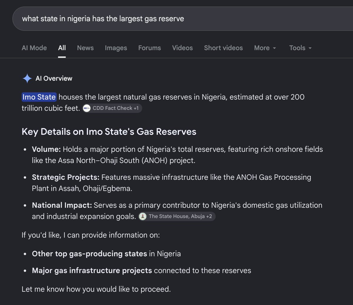 jcokechukwu's tweet photo. 🚨 IMO GAS RESERVES: NIGERIA IS A VERY SATANIC COUNTRY

So, pretty much everyone must have heard about the massive gas reserves discovered in Imo State years ago,  which i even made a documentary on. I spoke with petroleum commissioners and nearly every key player in the industry down there in Imo, including prospecting and processing companies and the figures - over 200 trillion cubic feet (tcf) of proven gas reserves were confirmed to me.

In fact, In April 2021, the former Minister of State for Petroleum Resources, Timipre Sylva, disclosed during a national gas expansion programme in Owerri that Imo state houses a substantial quantity of gas, amounting to over 200 trillion cubic feet with an additional potential of 600 TCF. Those numbers were not made up. 

The news quickly went viral and the usual culprits who claimed Igbos were landlocked and had nothing to offer, suddenly began panicking. I knew right there and then that the battle to hide these figures was born. 

Shortly after, there were attempts to deny the obvious and fact-checkers all went to work. Interestingly, they all came back with undeniable "True!" Verdicts across board. It didn't go down well with the sadistic, dark hearts. 

Fast forward to 2026, below (image on the left) is the NUPRC gas reserves data (supposedly by states ) summary. Imo is not even mentioned at all! 

In their usual way, they're attempting to hide or replace this reality with falsehood by refusing to publish state volumes. Instead, what you'll read is: 

"Regional Concentration: The vast majority of these hydrocarbon deposits lie within the onshore and offshore basins of the Niger Delta region and shallow/deep offshore waters." - NIGER DELTA REGION! 

Because Imo is also part of the Niger Delta, they chose to use this blanket description rather than listing volumes by states which won't cost them anything, especially given that Imo's volumes have already been listed publicly in the past. 

This lie has been fed to google ai and that's what @grok feeds anyone who attempts to inquire these numbers. In fact @grok doesn't even mention Niger Delta, it simply says "South-South states hold a majority of the gas reserves" - which politically alienates Imo. 

And despite all the evil coverup, if you still search on google "what state in Nigeria has the largest gas reserve?" You'll still get the hidden truth as you can see in the image on the right below. But @grok has now been fed lies with which it confuses and lies to the masses. 

So, there you have it - right in our faces, reports from a Minister of State for petroleum which has been exhaustively fact-checked by reputable fact-checking organizations, has now been buried so the Igbo man doesn't, by any means possible, possess a sense of pride in his own rich and goodly heritage. 

Nigeria is a satanic country that must not be allowed to remain as is. Thankfully, the countdown has begun. 

Fact-check link below:

https://t.co/wYjG9WFFzY