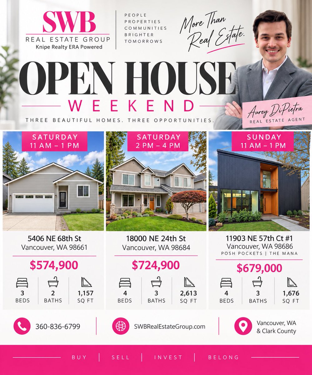 SWBGroup's tweet photo. Open House Weekend with Avrey!

Three beautiful Vancouver homes. Three opportunities to find the one that feels like home. ✨

SATURDAY
📍 5406 NE 68th St | 11 AM–1 PM
📍 18000 NE 24th St | 2–4 PM

SUNDAY
📍 11903 NE 57th Ct #1 | 11 AM–1 PM

l
📞 360-836-6799 https://t.co/vMlteJySLI