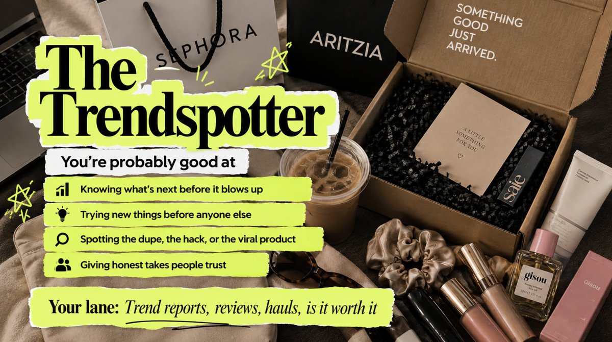 fyproai's tweet photo. Part 5: The Trendspotter
You know what’s next before it blows up. 
You’re always trying new things first and spotting the dupe, hack, or viral product before everyone else.

And people trust your honest takes.

Your lane: trend reports, reviews, hauls + “is it worth it?” content.