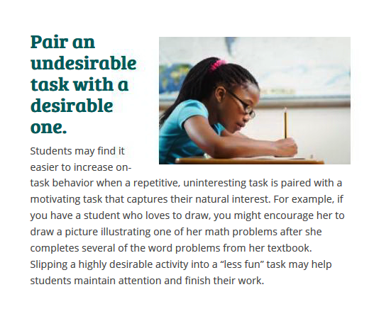 BrookesPubCo's tweet photo. To increase on-task behavior for students with #ADHD, try pairing an undesirable task with a desirable one. (See more tips here: https://t.co/Z6P2n6zm3M) #ADHDSupport #k12 https://t.co/eNS0DG3nz3