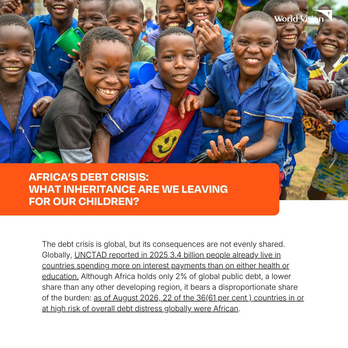 WorldVision's tweet photo. Debt discussions usually focus on repayment. Perhaps they should focus more on inheritance.

The real question is not whether future generations will repay today's debt, but whether they will inherit the benefits of the borrowing that created it.

Should debt sustainability frameworks measure what is left behind for children, not just what is owed?

Read the full article: https://t.co/d3phso9UKq

@UNCTAD
@WorldBankGroup
@UNICEF
@AfDB_Group
@OECDdev
@FinDevLab

#DebtSustainability #FinancingForDevelopment #PublicFinance #DevelopmentPolicy #AfricaDevelopment