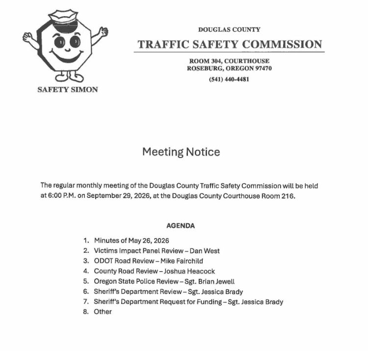 CapitolCurrents's tweet photo. The Douglas County Traffic Safety Commission might be the only government body in Oregon that puts a mascot on its agendas, but it would be hard to top this one, tbh. https://t.co/o783JTNxlC